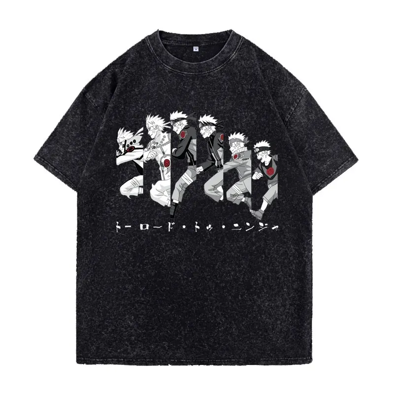 

Summer Men's Naruto Anime Print T Shirts Vintage Washed Cotton Loose Short Sleeves Tees Harajuku Gym Y2k Clothes Tops Streetwear