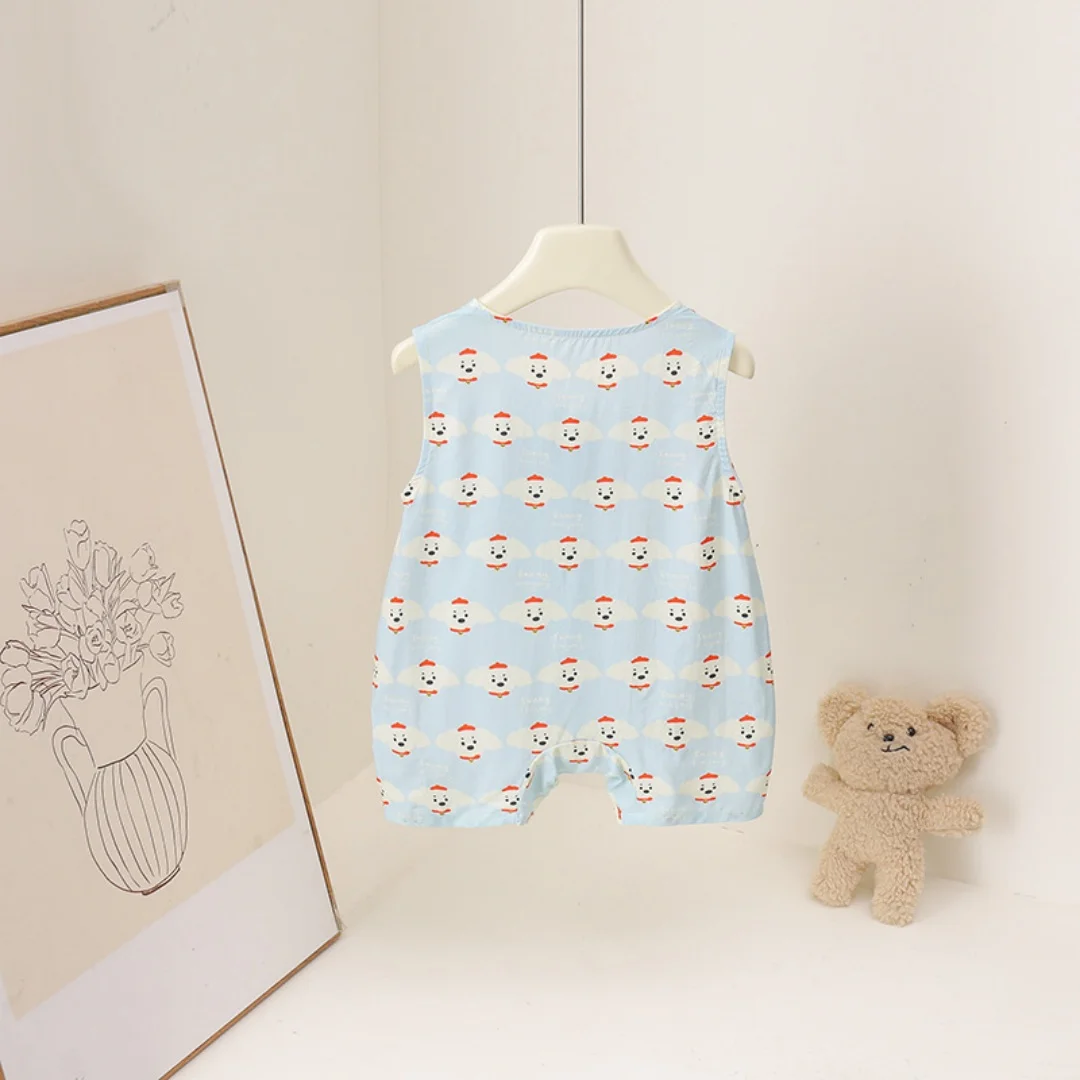 3M-3Y 2026 Summer New Cute Style Baby Bodysuit Bow Cartoon Print Sleeveless Boys Jumpsuit Thin Soft Toddler Romper