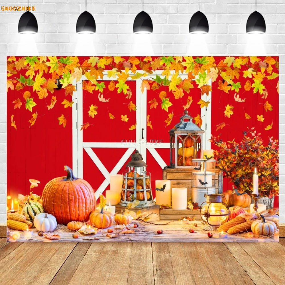 

Autumn Barn Backdrop Fall Thanksgiving Pumpkin Harvest Barn Door Maple Leaves Haystack Photography Background Photo Studio Props
