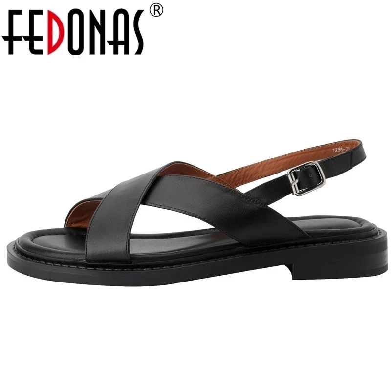 FEDONAS Women Sandals Retro Gladiator Casual Pumps Genuine Leather Low Heels Office Ladies Shoes Woman Summer Fashion Concise