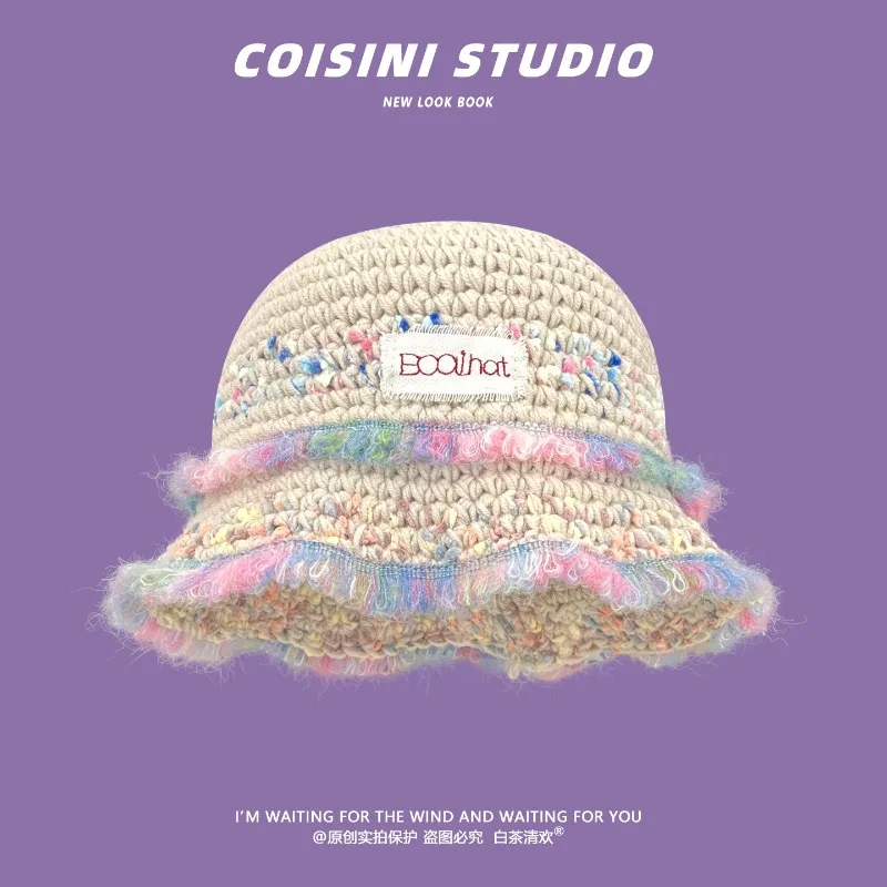 Koreanischer Stil Süßer Bunter Gestrickter Bucket Hat mit Rohkante für Herbst und Winter Warme Reise-Kuppelmütze für Frauen – Detail 2