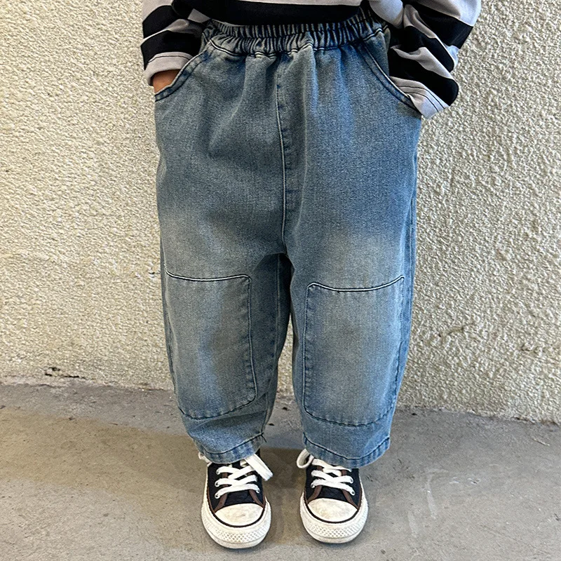 Boy Girl Children Patch Casual Jeans Autumn Winter Clothes Kid Loose Pocket Retro Denim Pants Baby Cotton Solid Fashion Trousers