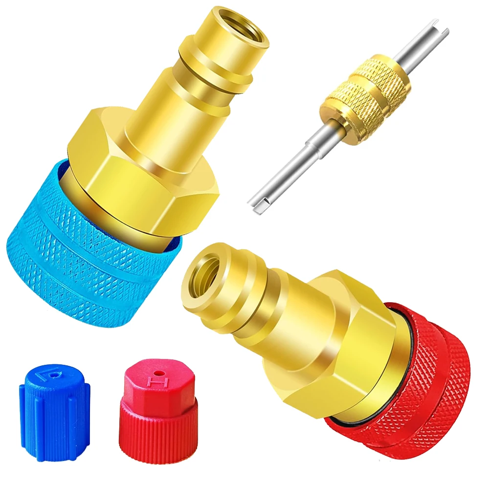 Brass R1234yf‑R134a Conversion Quick Coupler Kit, High Low Pressure Adapters for Auto Air Conditioner Refrigerant Service