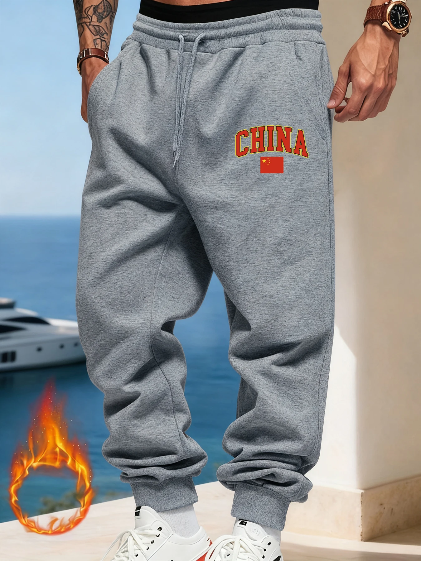 

China Letter National Flag Prints Man Sweatpants Soft Elastic Waist Pants Autumn Drawstring Pant Warm All-Match Britches