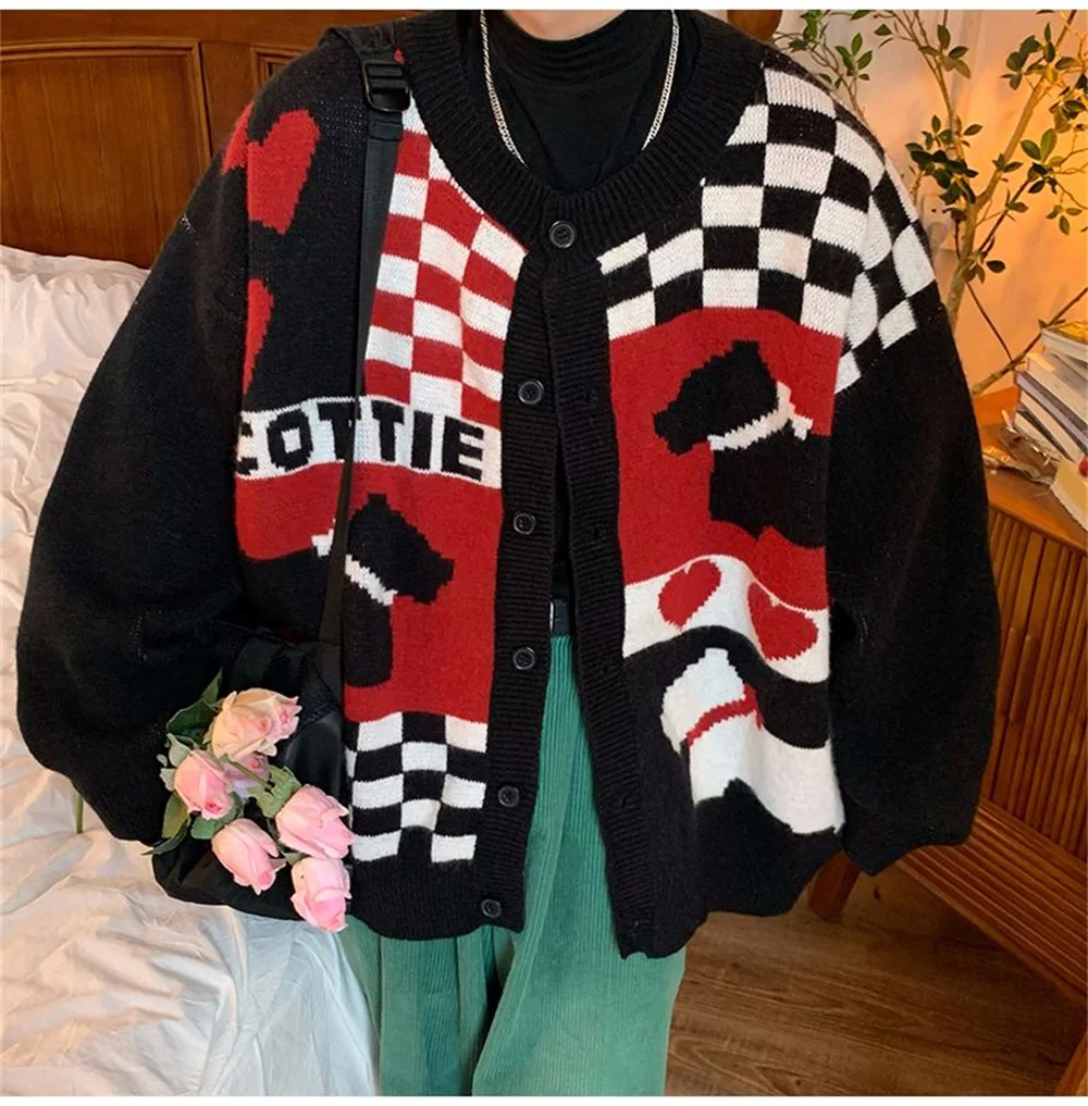 Autumn and winter tide brand love checkerboard cartoon cardigan sweater men's coat lazy high street loose sweater men and women.