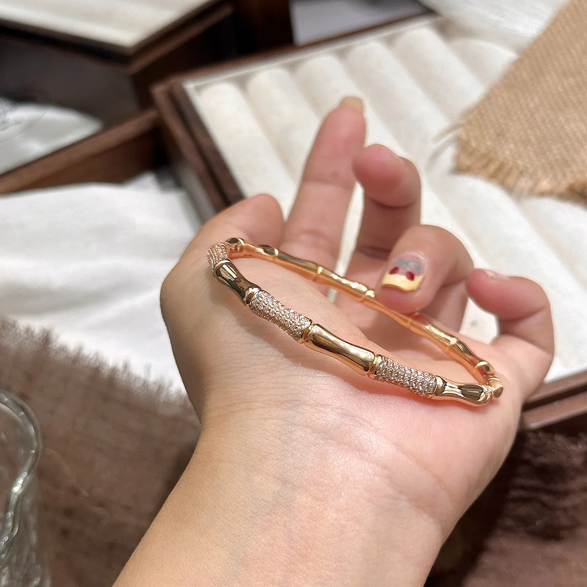 

​Luxury Bamboo Joint Bracelet 2025 - Minimalist Oriental Design, Rhinesstone Inlaid for Women, Elegant & Chic​