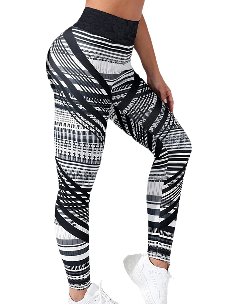 Abstract Lines Print Leggings Fitness High Waist Leggin Women Yoga Pants Booty Lifting Workout Scrunch Sports Gym Tights