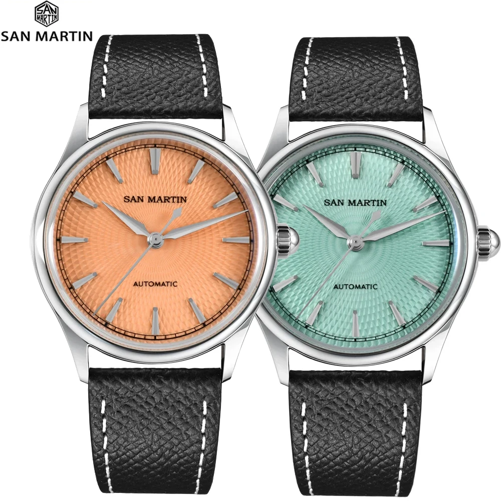 San Martin SN0110 37mm Men Dress Watch 3D Textured Dial ST1812 Casual Fashion Automatic Mechanical Sapphire Clear Caseback