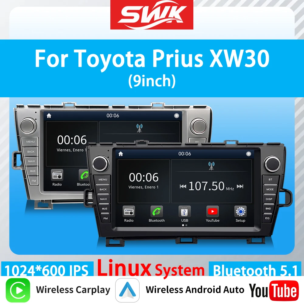 For Toyota Prius XW30 9 inch Linux system Car Stereo Wireless CarPlay Android Auto GPS FM DSP Bluetooth Multimedia Playe