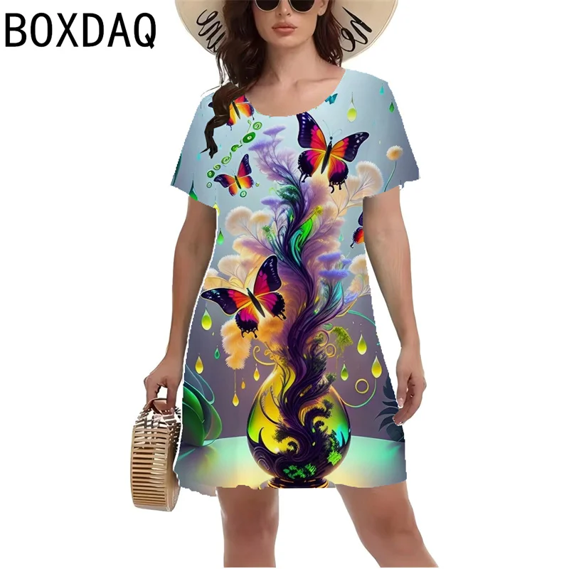 2024 New Women Casual Dress 3D Colorful Butterfly Landscape Print Mini Dress Summer Short Sleeve O-Neck A-Line Dress Vestidos