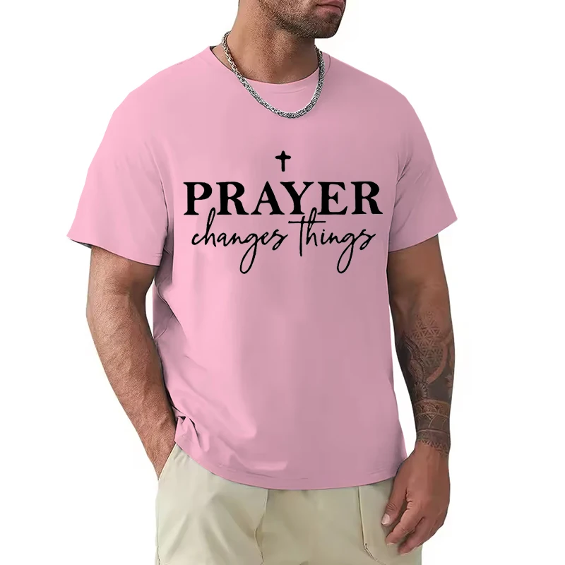 Christian Gift T-Shirt for Men Prayer Changes Things Cross Print Casual O Neck Short Sleeve Tops Perfect for Religious Male Tees