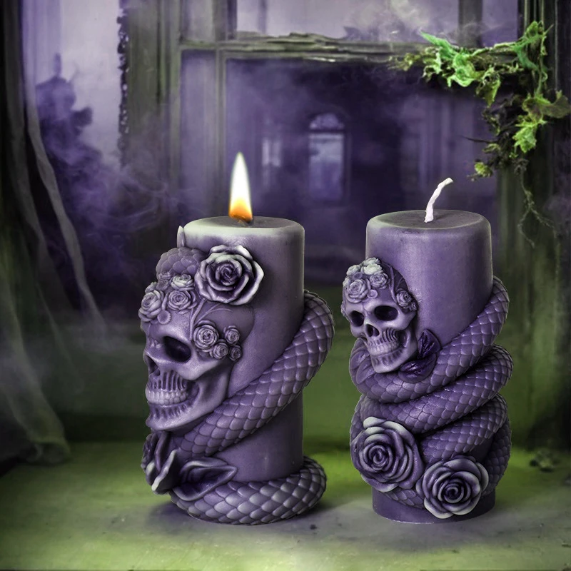 Skull Snake Cylindrical Candle Silicone Mold Halloween Candle Mold DIY Handmade Aromatherapy Gypsum Epoxy Resin Making Mould