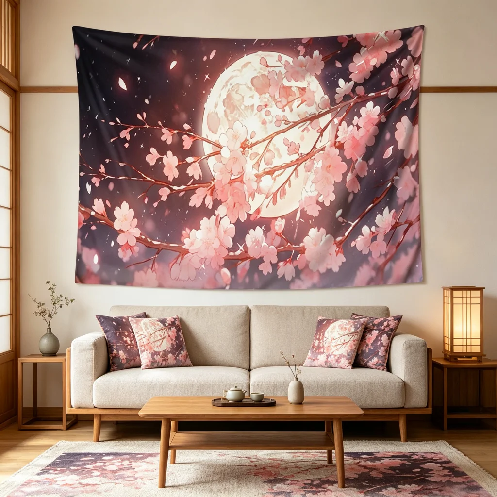 1PC Pink Cherry Blossom Art Print Backdrop Banner, Bedroom Living Room Photo Background, Polyester, Home Decor, Wall Art