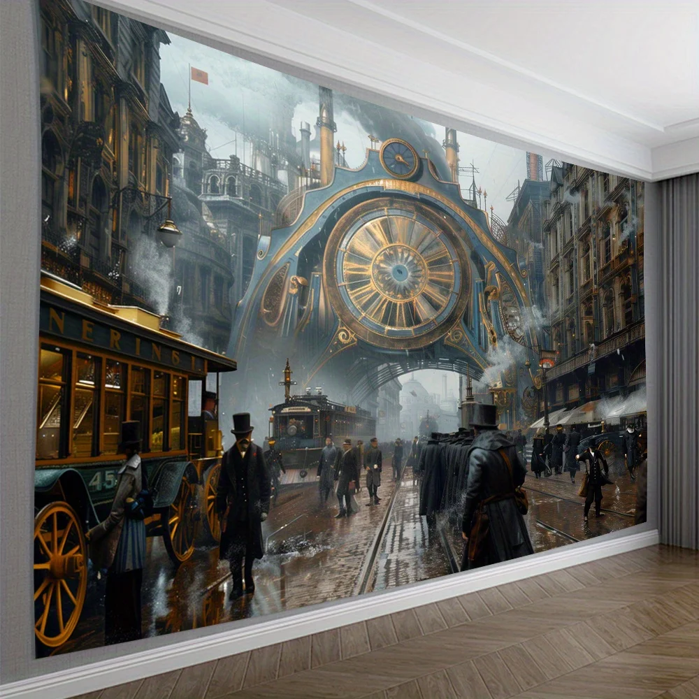 Steampunk City Street Clock Banner Retro Industrial Wall Decor Living Room Bedroom Office Vintage Party Décor