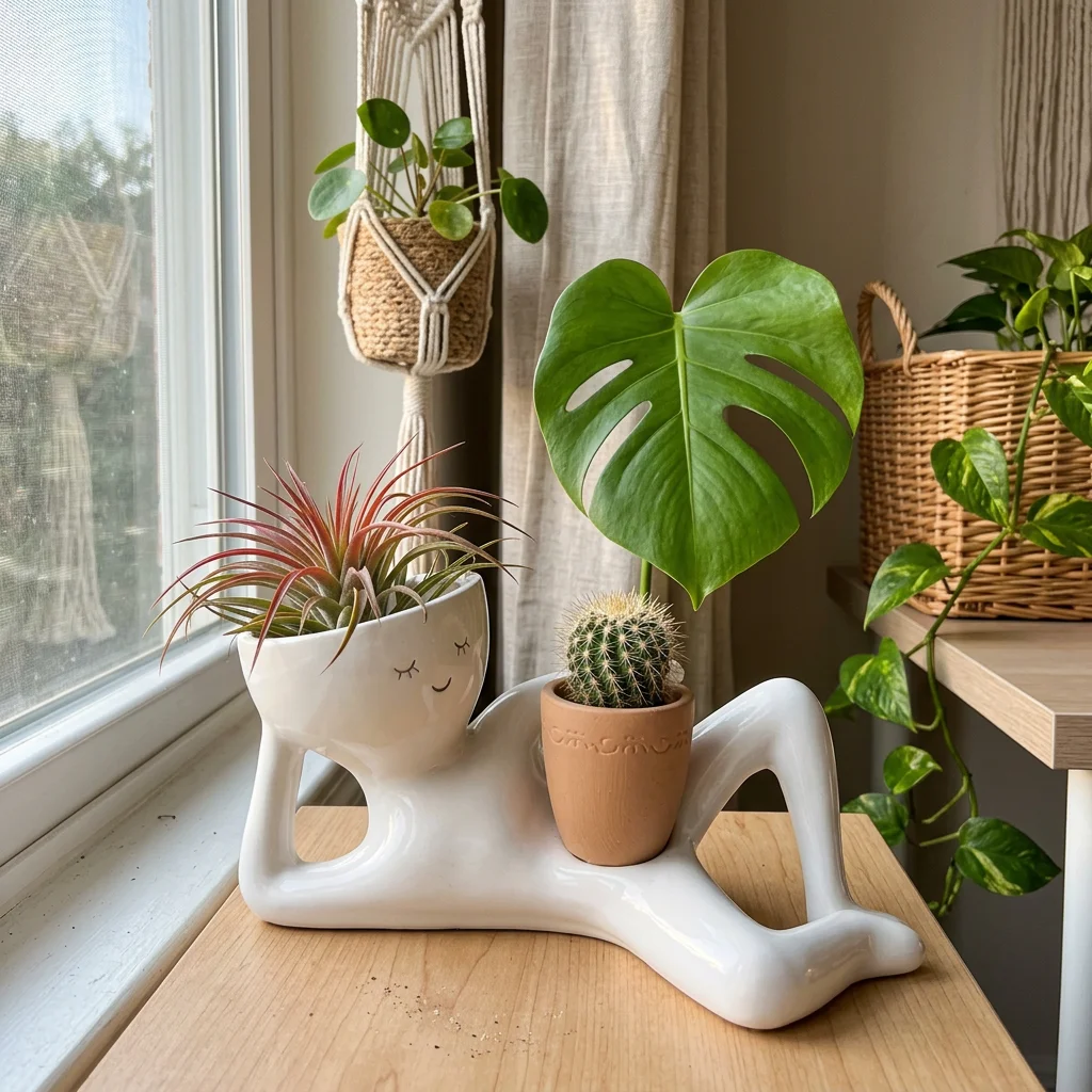 Lazy Guy Succulent Planter, Cute White Face Reclining Plant Pot with Drainage, Desktop Home Office Decor Gift for Plant Lover