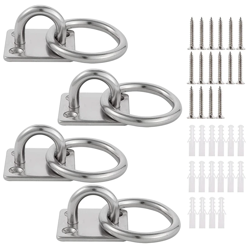 4 Pack 304 Stainless Steel Eye Plate With Ring M6 Eyelet Hooks,Wall Hook With Screw For Hanging Hammock Boxing Yoga Rope