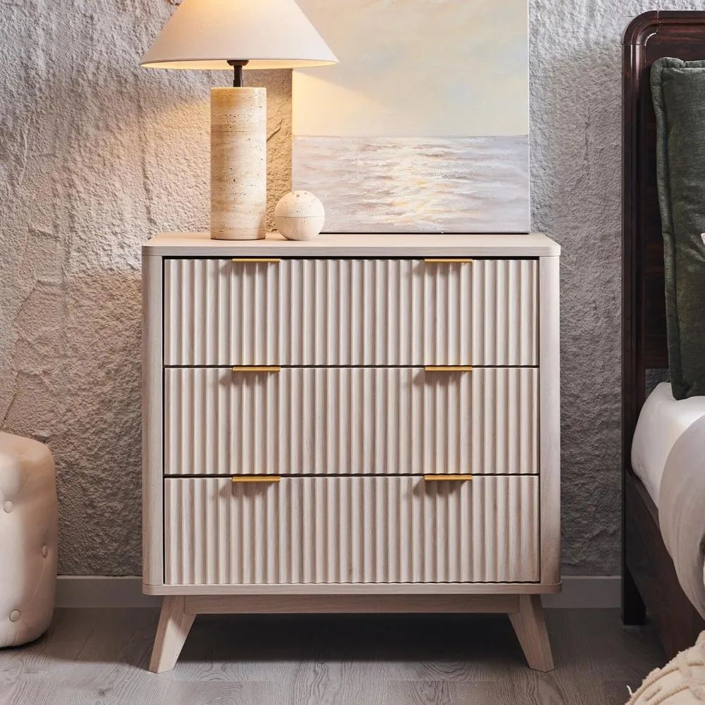 

32" tall fluted nightstand, modern side table with 3 drawers, end table w/storage, bedside for bedroom, living room, curved pro