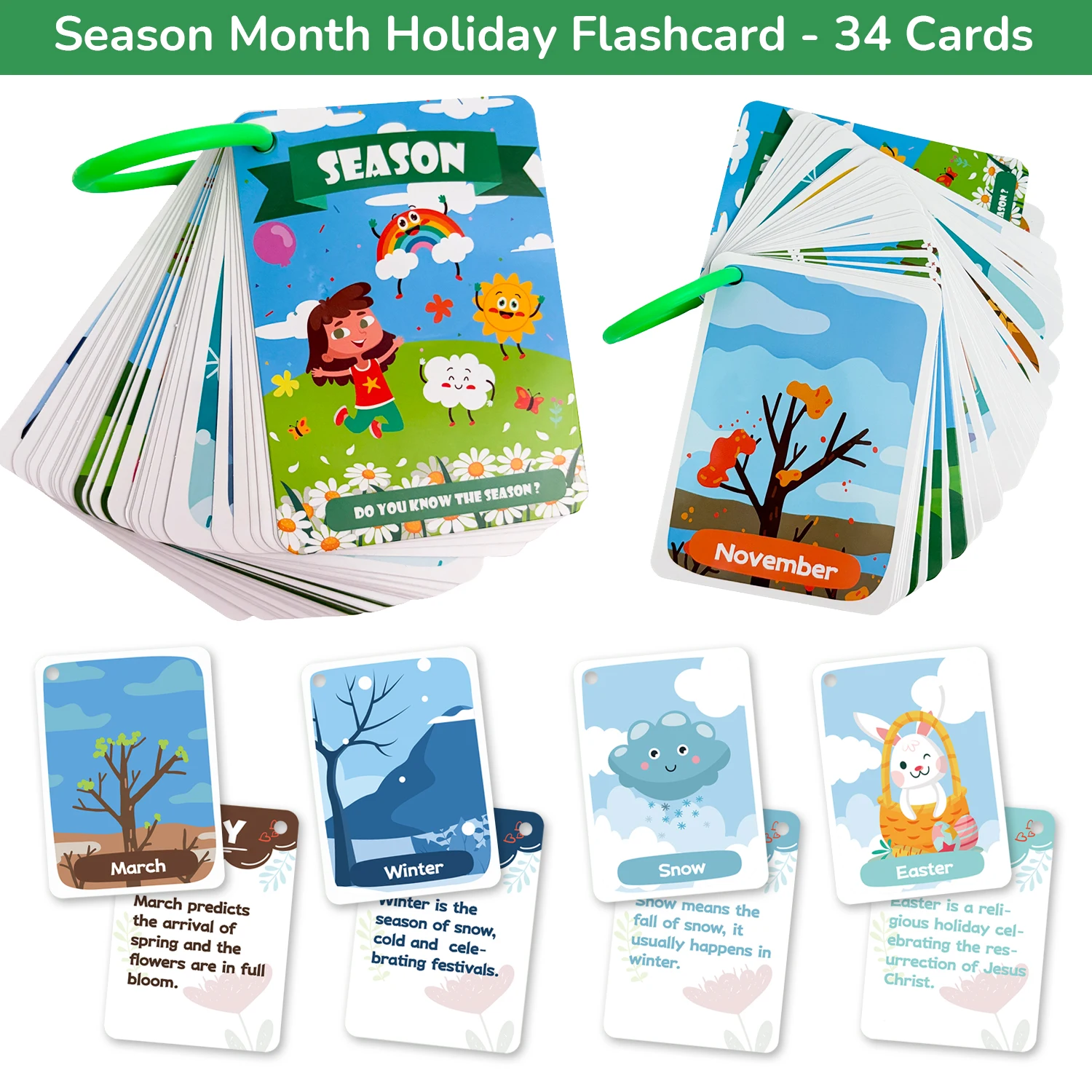 34 Pcs Seasons & Weather English Flashcard for Kids Early Childhood Education Time Months Vocabulary Learning Cards Teaching Aid