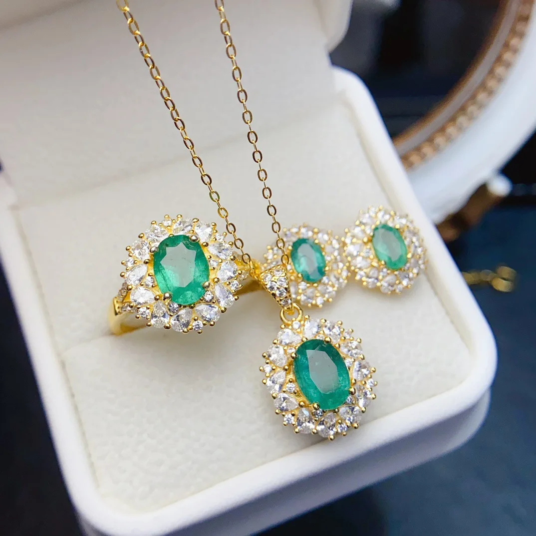 S925 Silver Emerald Jewelry Set, 6x8mm & 4x6mm Natural Gemstones, Complete Collection for Gifting & Luxury Wear