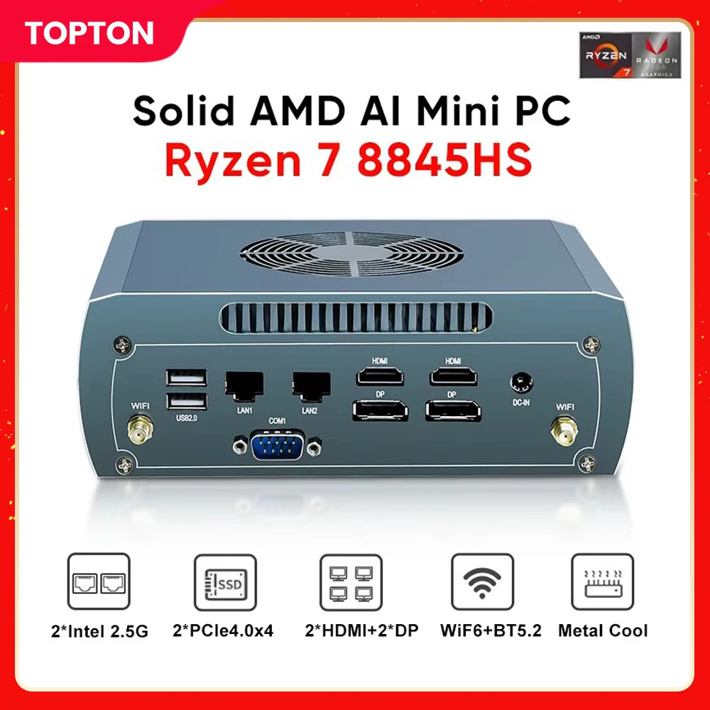 Topton ผู้ทรงอํานาจ FU03 AMD Mini PC Ryzen 7 8845HS 2*2.5G LAN Firewall Router 2 * NVME Barebone Gaming คอมพิวเตอร์อุตสาหกรรม PC WiFi6