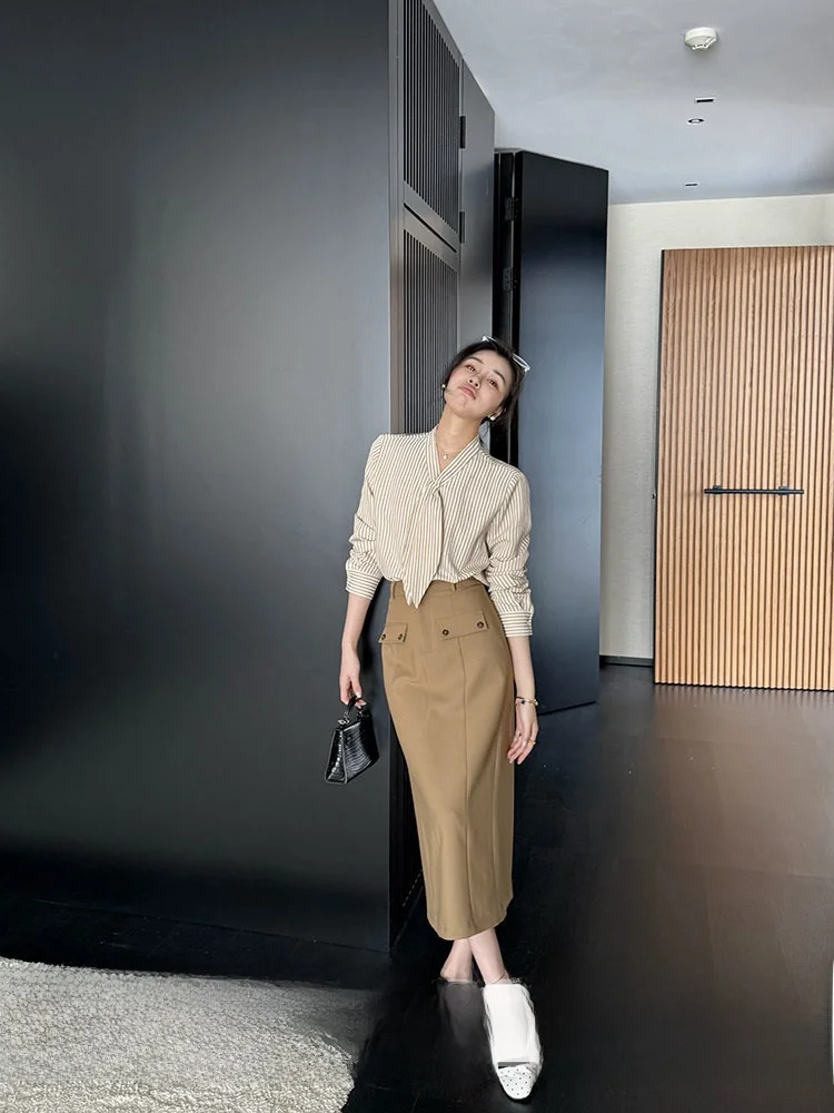 

Elegant New High Intelligence Light Maturity Striped Sash Korean Style Curved High Waist Half Skirt Women's Fashion Set
