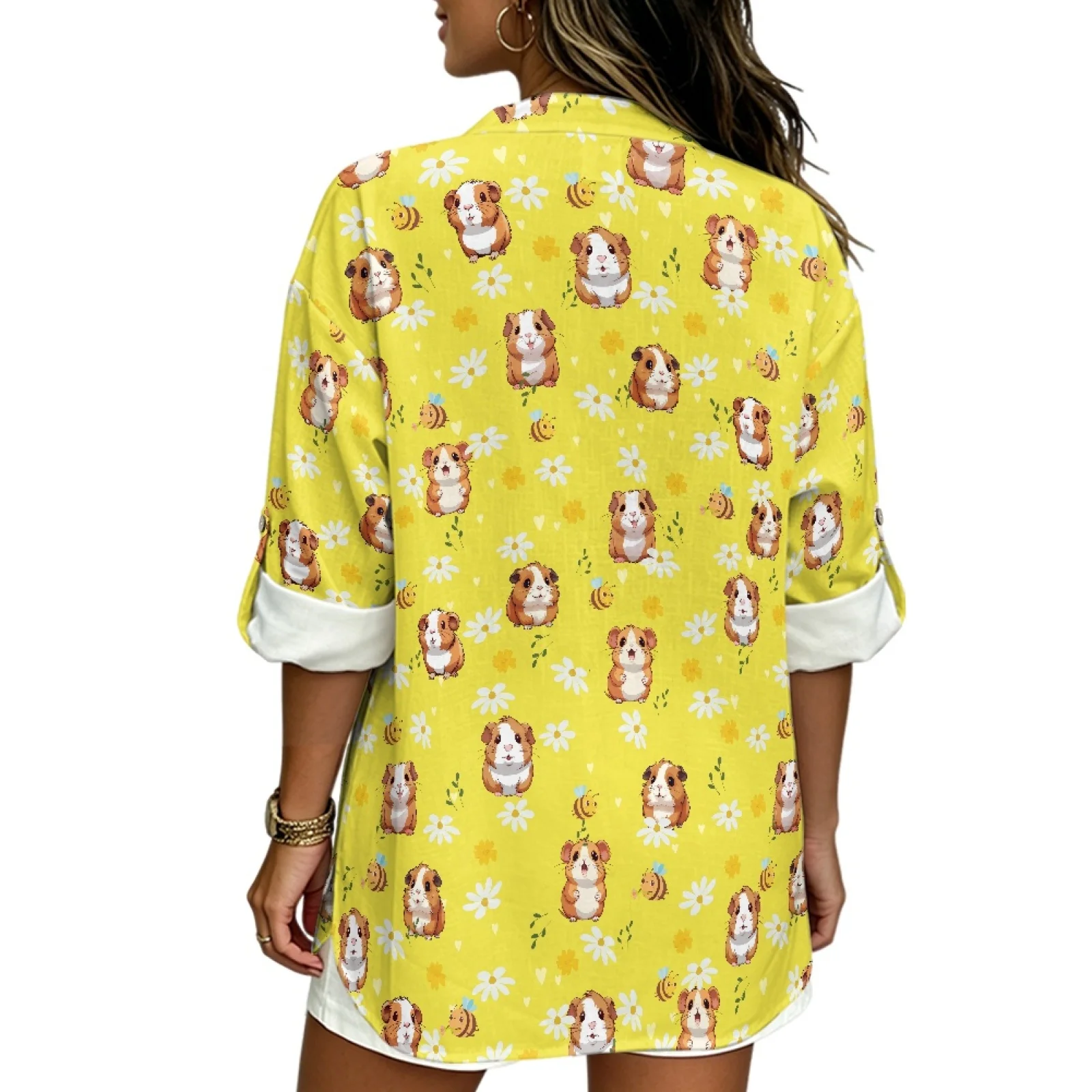PENSTROLL Guinea Pig Daisy Print Linen-Like Women's Long Sleeve Shirts Rolled Cuffed Notch V Neck Blouses for Autumn Sizes S-5XL