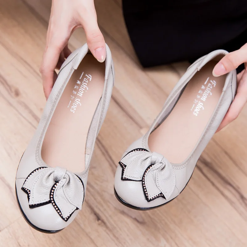 Genuine Leather Flat Shoes Women Thick Sole Loafers Comfortable Ballet Flats Lady Casual Nurse Work Shoes Mom Footwear Plus Size
