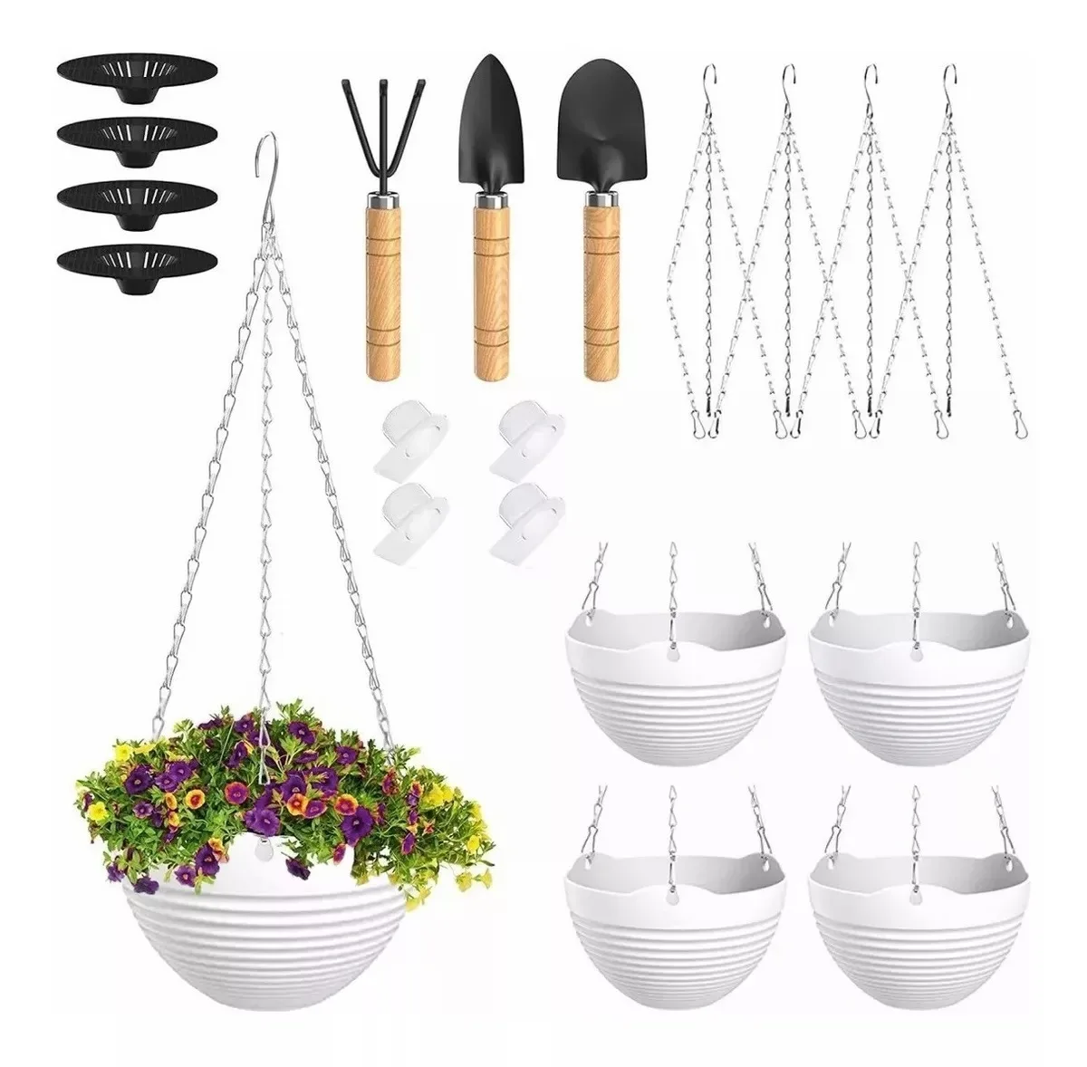 4 Pack 20cm Hanging Planter Garden Flower Pots Hanging Planter Basket for Indoor Outdoor Plants with Drain Holes, White