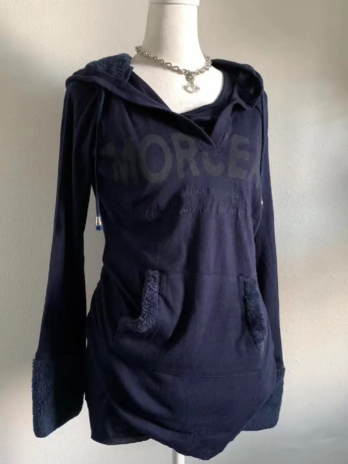 Dark Blue Drawstring Hood Long Sleeve Top Fleece Trim Cuff Front Letter Graphic Back Cross Pattern Lightweight Fashion Hoodie