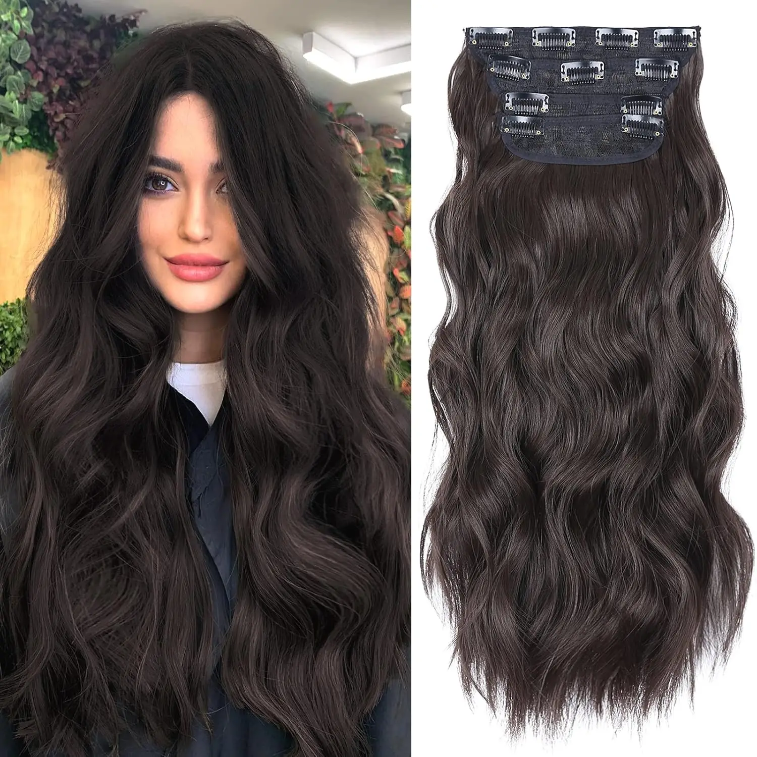 Clip In Hair Extensions 24 Inch Long Wavy  4Pcs/Set Piece Thick Hairpieces Double Weft  Hairpieces, Curly, Black Synthetic