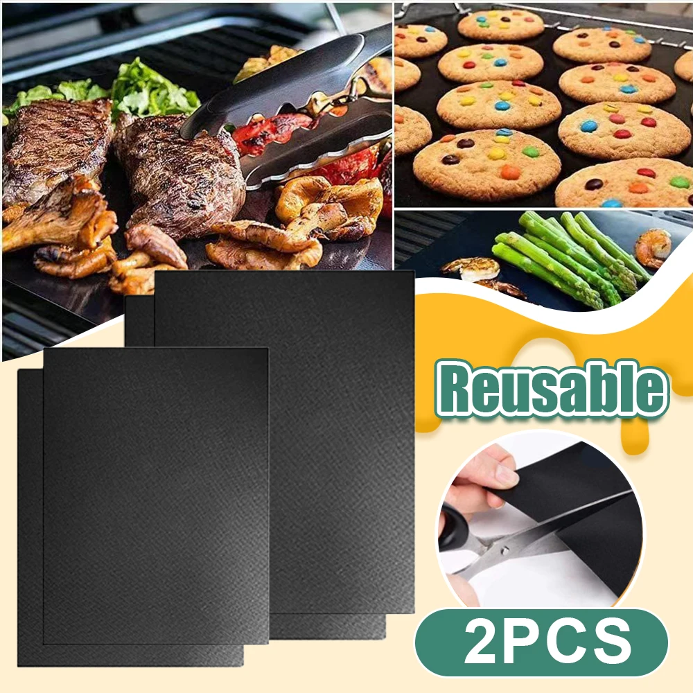 2Pcs BBQ Grill Mat Reusable Barbecue Outdoor Kitchen Baking Non-stick Pad Cooking Plate Party PTFE BBQ Grill Mat Accessories