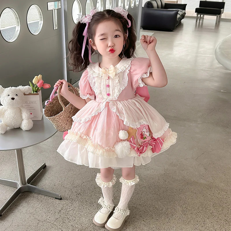 

2024 new summer girl Lolita pink fluffy princess skirt short sleeve one-year-old girl baby dress dress palace wind dress summer