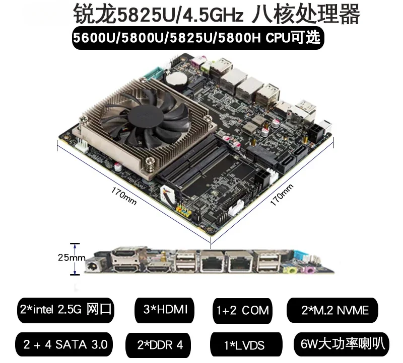 Applicable to Ryzen 5825U/5600U/5900H three display dual network port NAS integrated machine ITX industrial control main board