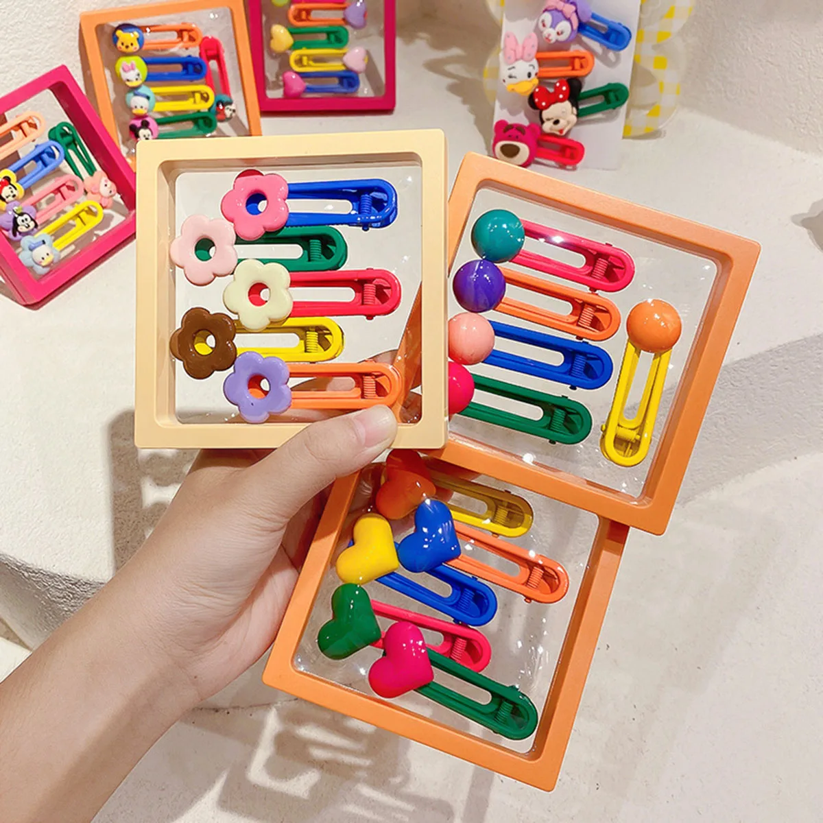 5PCS Cute Candy Color Bead Cartoon Clip Set Girls Hair Clips With PE Film 3D Packaging Case