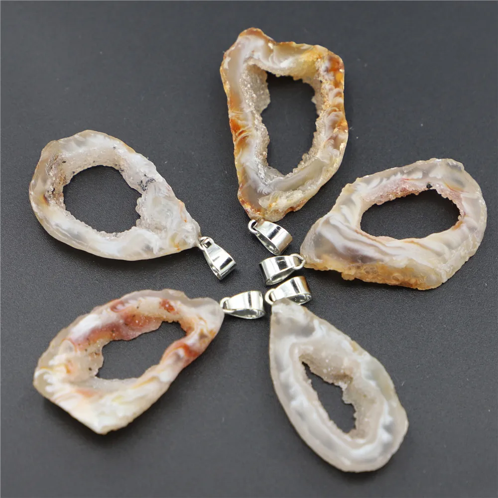 Natural Brazilian Electroplated Beige Color Edged Slice Open Agates Pendant Geode Drusy Druzys for Necklace Women Jewelry Making