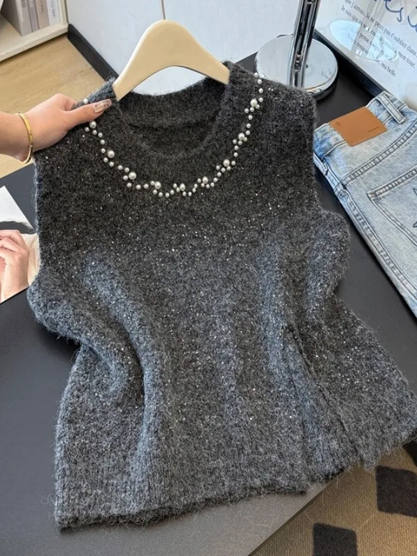 

Faionable iny Tead вязаный жилет с тяжелыми украшениями, женский повседневный топ большого размера, круглый топ средней длины