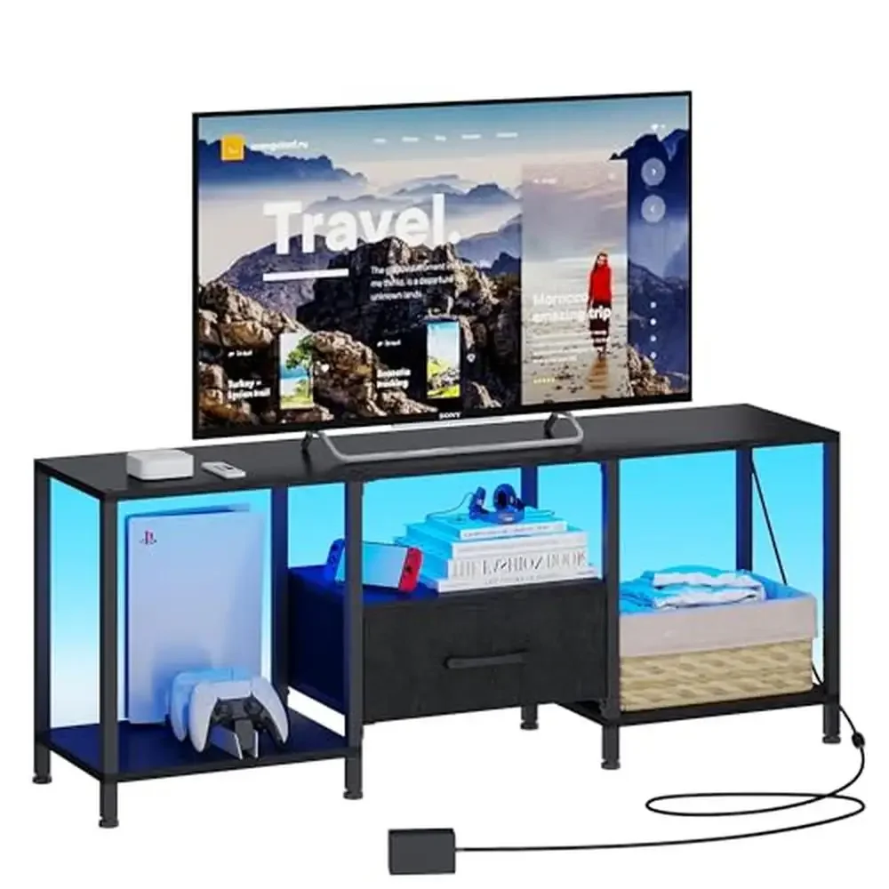 LED Light TV Stand Entertainment Center Open Shelves Fabric Drawer Media Console 55 Inch Stands Black