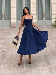 Elegant Spaghetti Strap Midi Dress Slim A Line Party Dresses Navy Blue Casual Birthday Holiday Dress Women's clothing