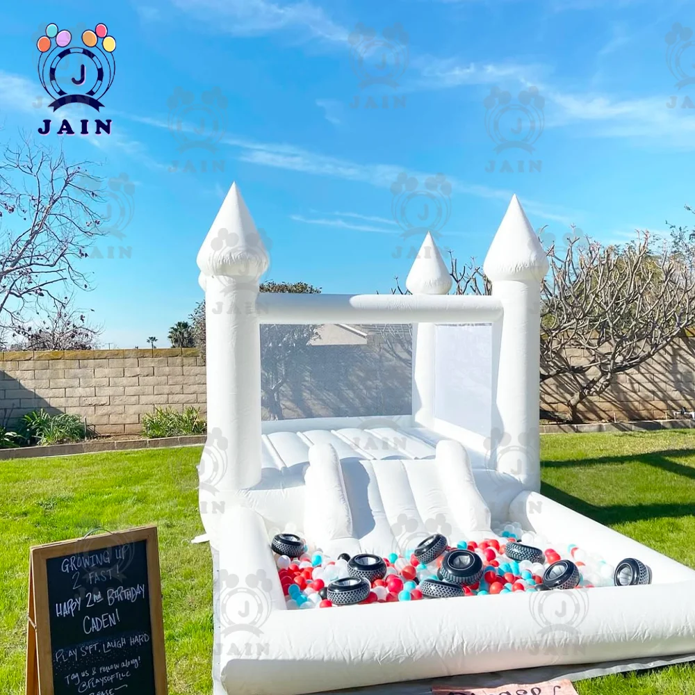 Trampolín inflable de casa de rebote blanca con soplador, castillo hinchable blanco para eventos de fiesta de cumpleaños de niños, envío rápido