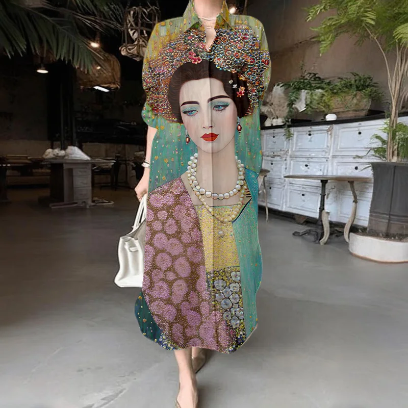 Portrait 3D Printed Shirt Dress Soft Skin Friendly Long Sleeve Lapel Dress Dry Casual Y2K Button Shirt Flowy Long Dresses