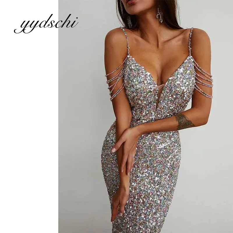 

Sling Prom Dresses Slim Fit Bridesmaid Birthday Elegant Evening Party Knee Length Sleeveless V Neck Sequined Sparkle Sexy Dress