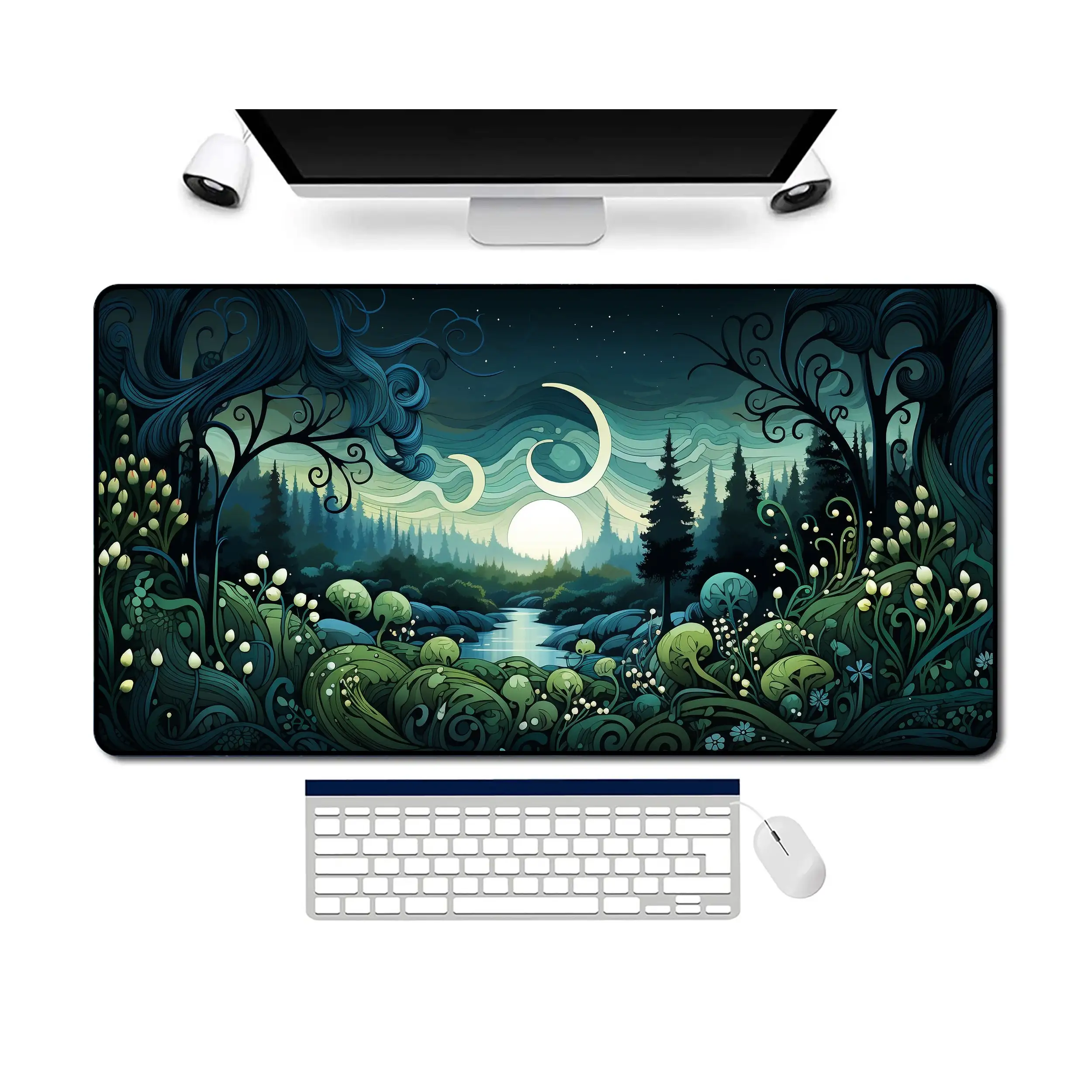 Quiet Forest Serene Oversized Desk Mat, Beautiful Mouse Pad, Green Mouse Pad, Plant Desk Mat, Imaginative Office Desk Decoration