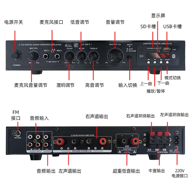 Amplificatore di potenza esterno per radio Bluetooth per home theater da palco ad alta potenza per bassi sovrappesi a 5.1 canali positivi Commercio all'ingrosso