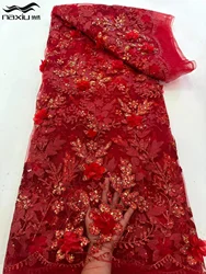 Madison Latest Luxury 3D Flower Lace Fabric Dubai Tulle Lace Fabric With Glue Sequins Applique African Fabric For Dress Sew