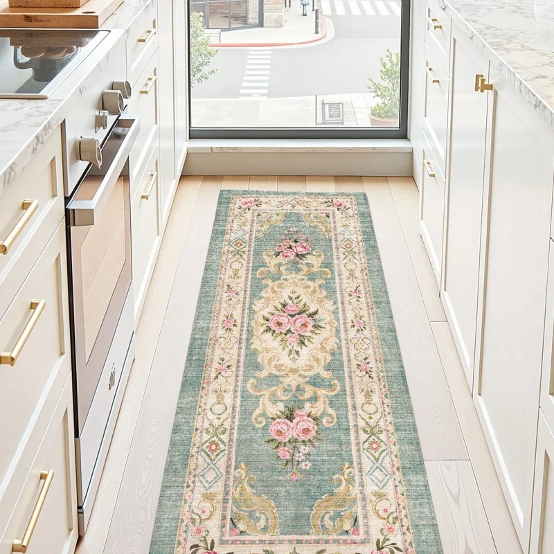 Vintage Green Pink Rose Floral Border Felt Runner Rug Non Slip Washable Farmhouse Kitchen Hallway Mat