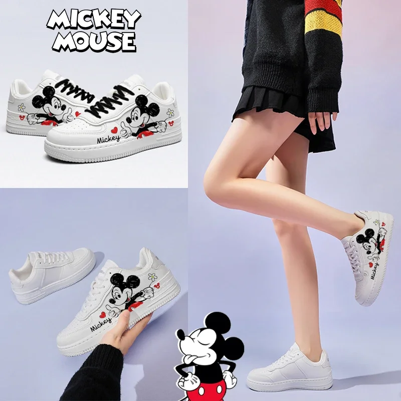 Disney Mickey Fashion White Leather Women Sneakers Shoes Lace Up Tenis Feminino Zapatos De Mujer Platform Women Casual Shoe Gift