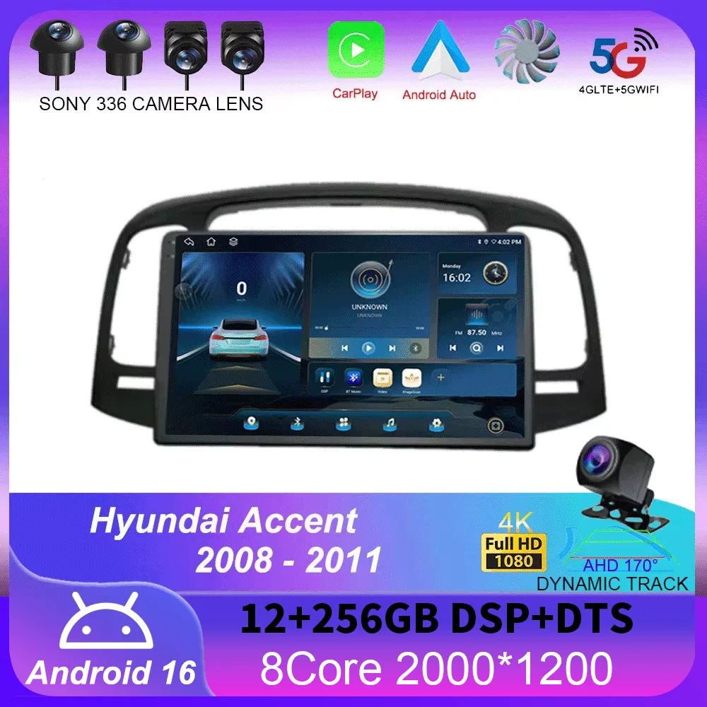 

Android 16 Carplay Car Radio For Hyundai Accent 2008 2009 2010 2011 Navigation GPS Multimedia Player Stereo WiFi+4G Auto BT DSP