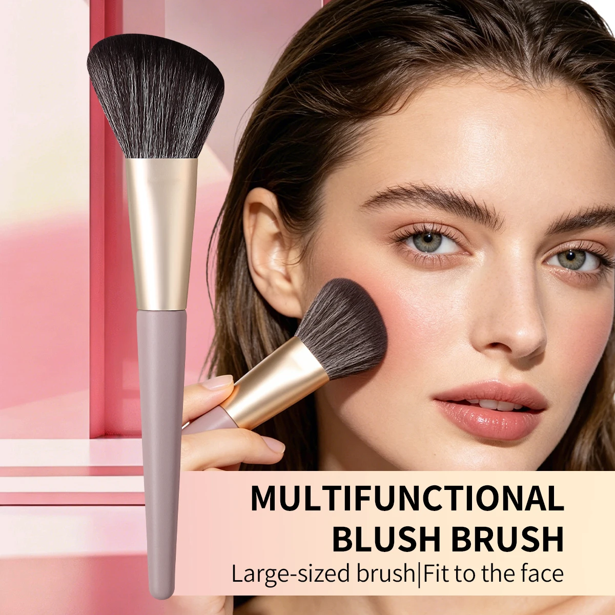 1 Stück multifunktionaler großer Rougepinsel, taupefarbener Holzgriff mit goldener Zwinge, weiche, dichte Borsten für Rouge, Konturierung und Bronzer