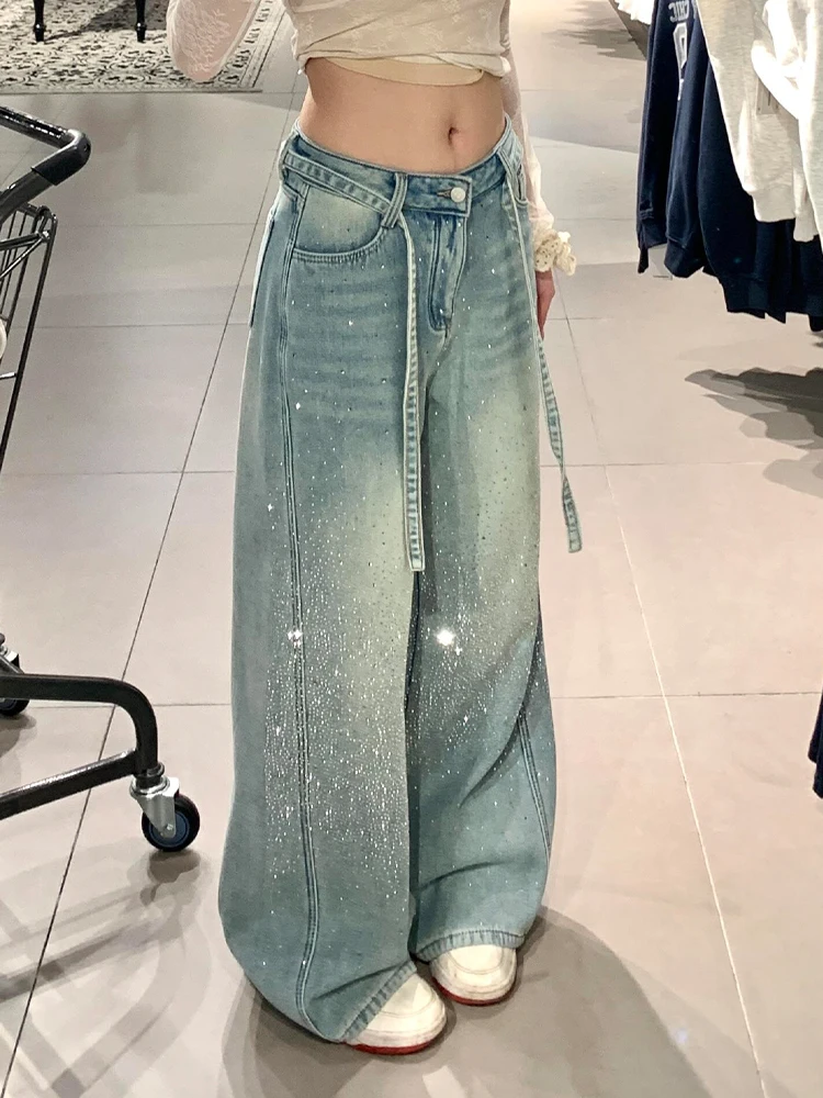 Shiny Single-Face Rhinestone Denim Pants Women's High Waist Vintage Fashion Floor-Length Pants American Style Design Sensation