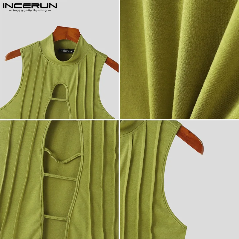 INCERUN Tops 2024 American Style Men's Hollow Semi High Neck Knitted Vests Fashion Sexy Male Hot Sale Sleeveless Tank Tops S-5XL image 5